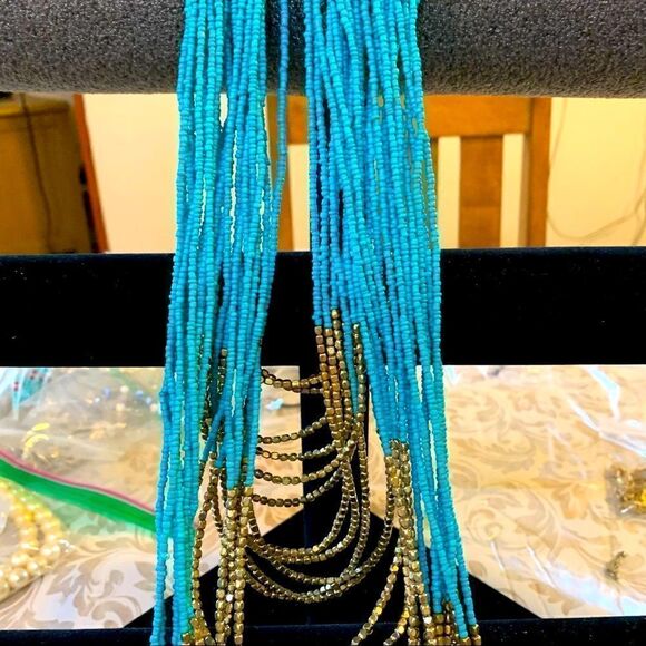 Vtg 24 Strand Seed Bead Necklace Gold Tone & Turquoise Color Southwest Vibe 36” - Picture 6 of 8